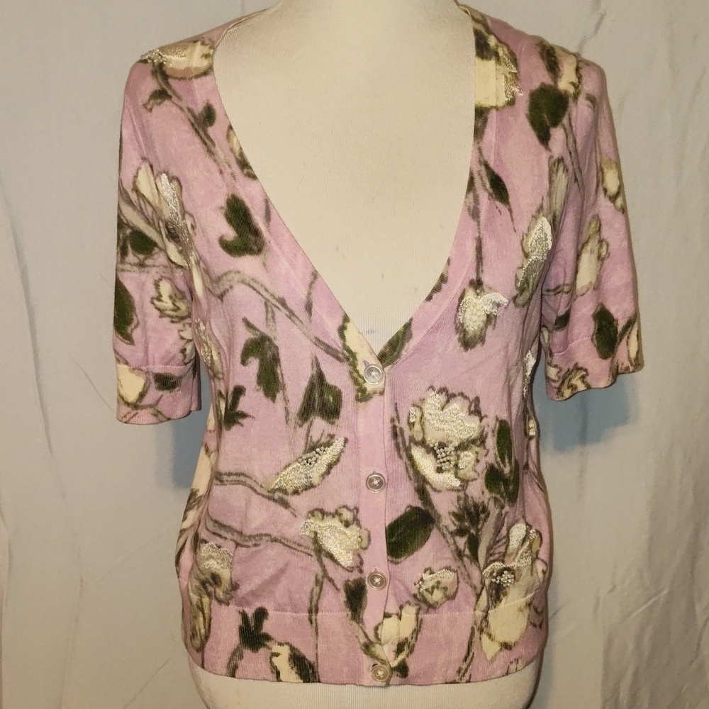 Talbots Purple Pink floral print short sleeve cardigan sweater Size Medium